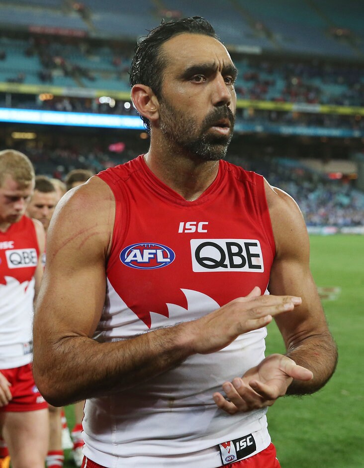 AFL 2015 First Semi Final - Sydney v North Melbourne SYDNEY, AUSTRALIA - SEPTEMBER 19: Adam Goodes of the Swans after the 2015 AFL First Semi Final match between the Sydney Swans and the North Melbourne Kangaroos at ANZ Stadium, Sydney, Australia on September 19, 2015. (Photo by Craig Golding/AFL Media)